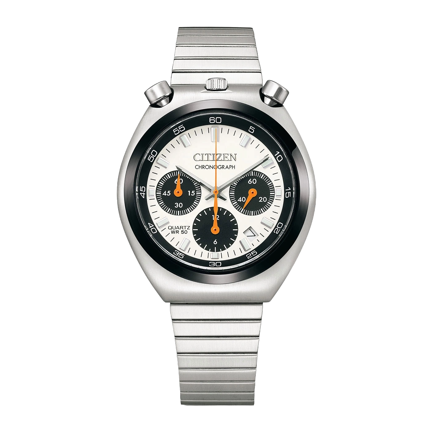 Eine silberne Citizen Chronographen-Armbanduhr mit weißem und schwarzem Zifferblatt.