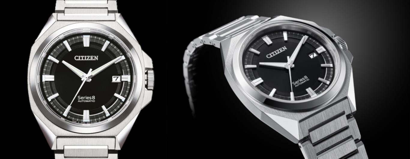 Citizen Series 8 Automatikuhr mit schwarzem Zifferblatt und silbernem Armband.