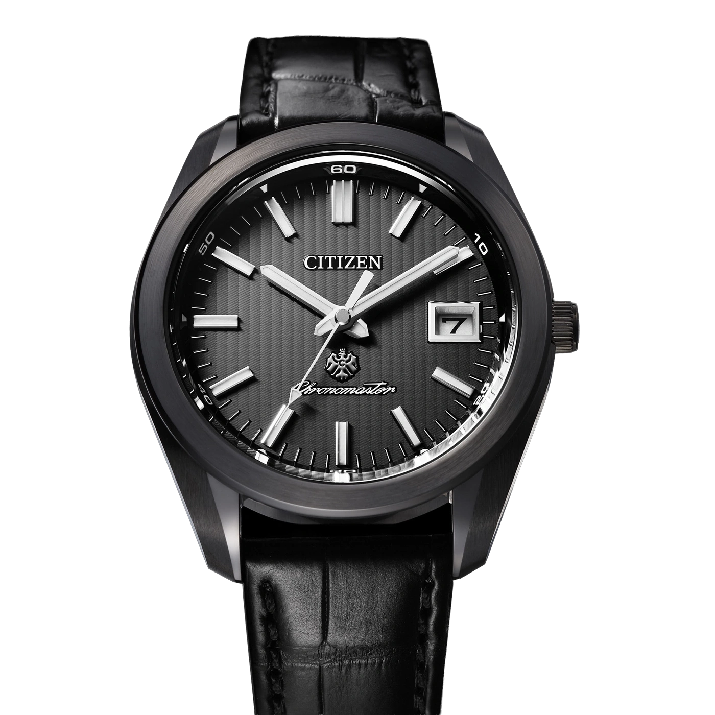 Eine schwarze Citizen Chronomaster Uhr auf weißem Hintergrund