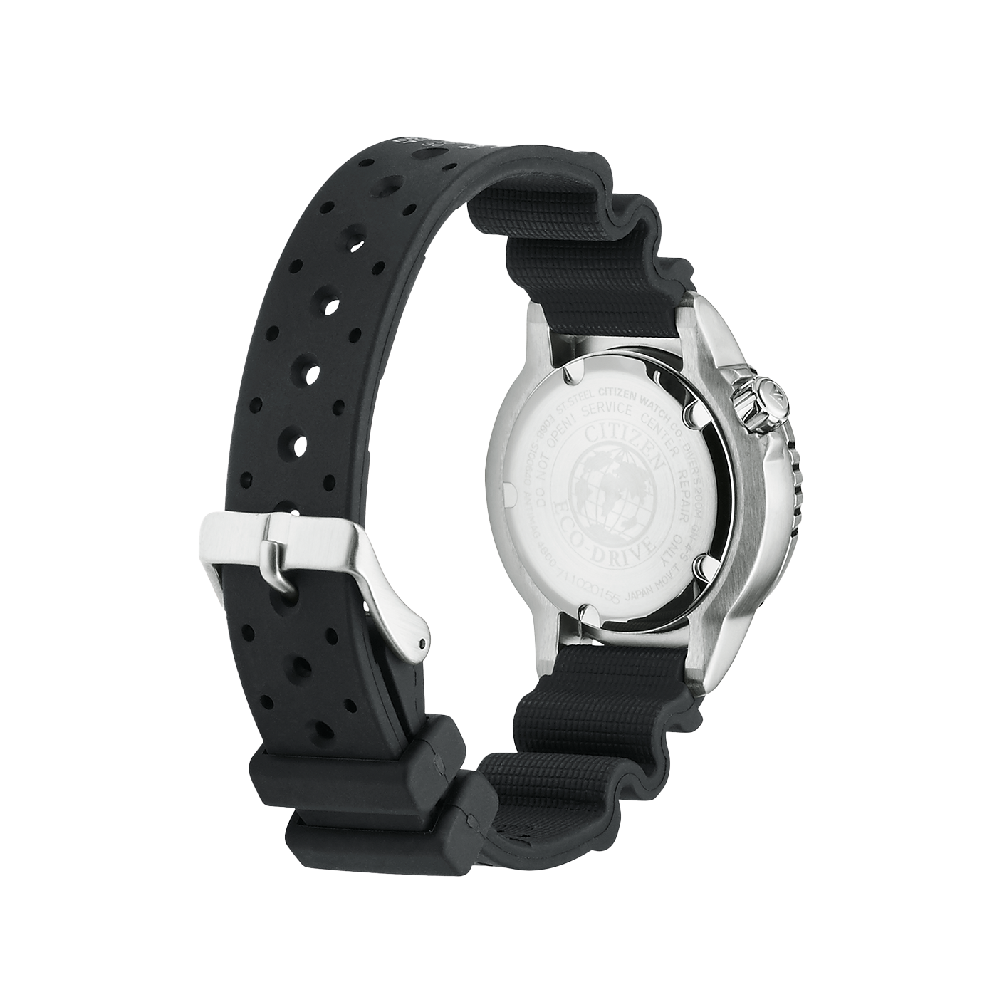 Montre Citizen avec bracelet noir, Eco-Drive, montre de plongée, boîtier en acier inoxydable, vue arrière