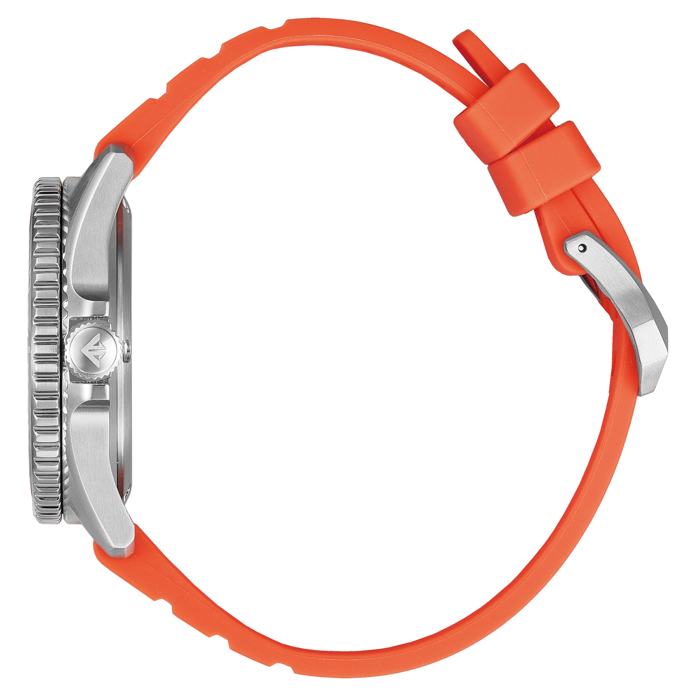 Une montre avec un bracelet orange et une boucle argentée sur fond noir.