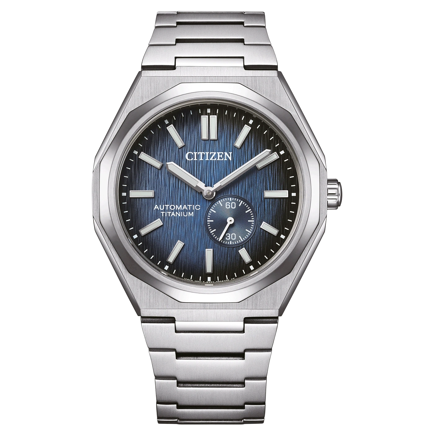 Eine Citizen Automatik-Titan-Armbanduhr mit blauem Zifferblatt.
