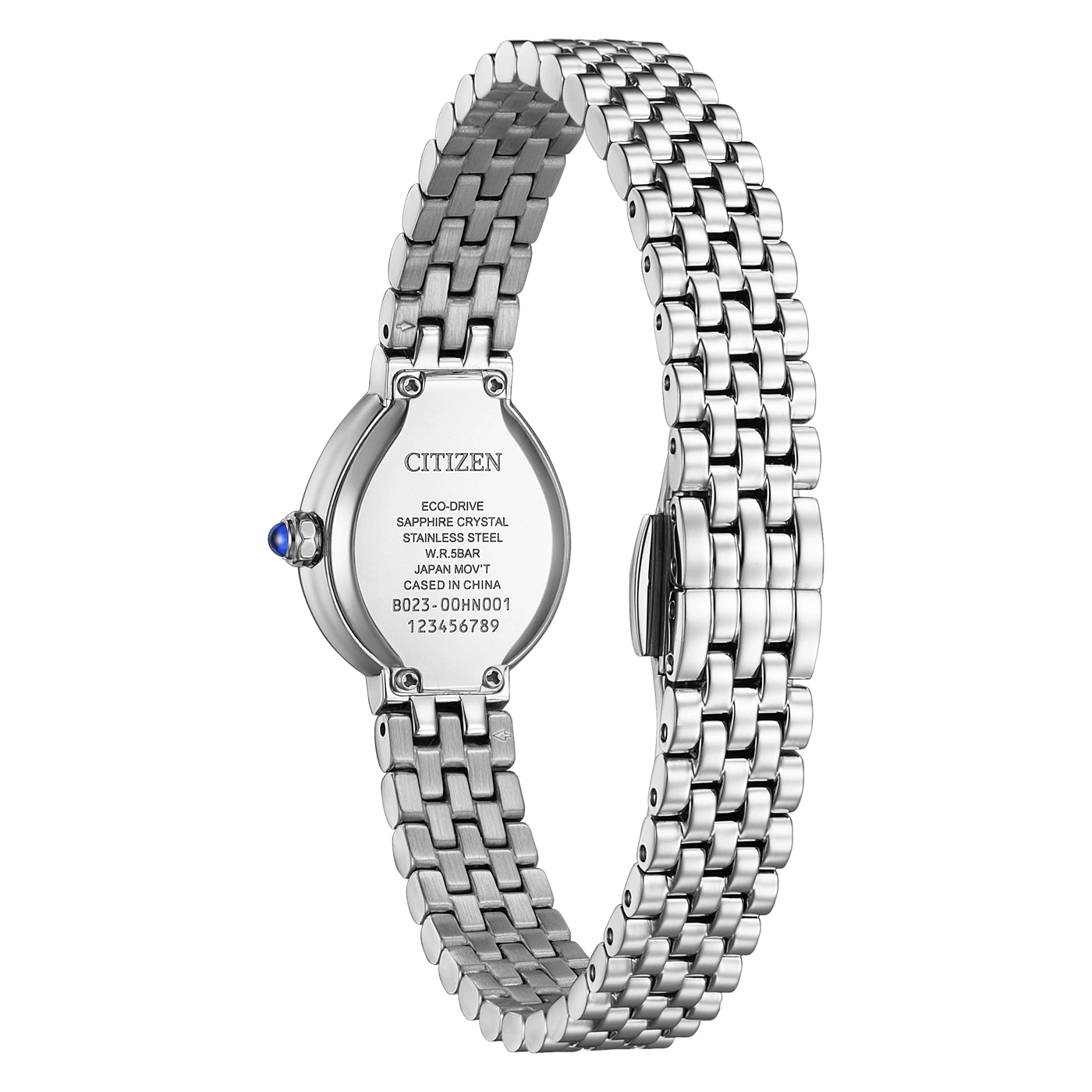 Eine silberne Citizen-Uhr mit Metallarmband, von hinten betrachtet.