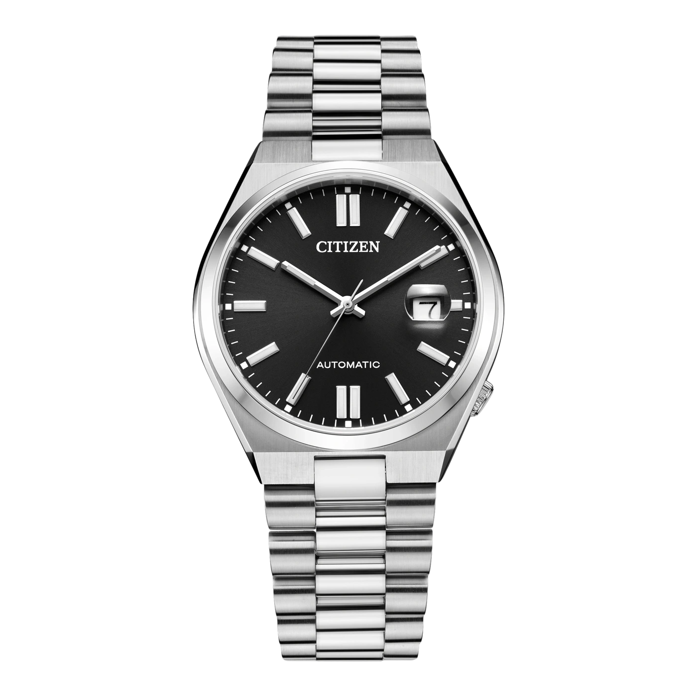 Citizen Automatik-Uhr auf schwarzem Hintergrund mit silbernem Armband.