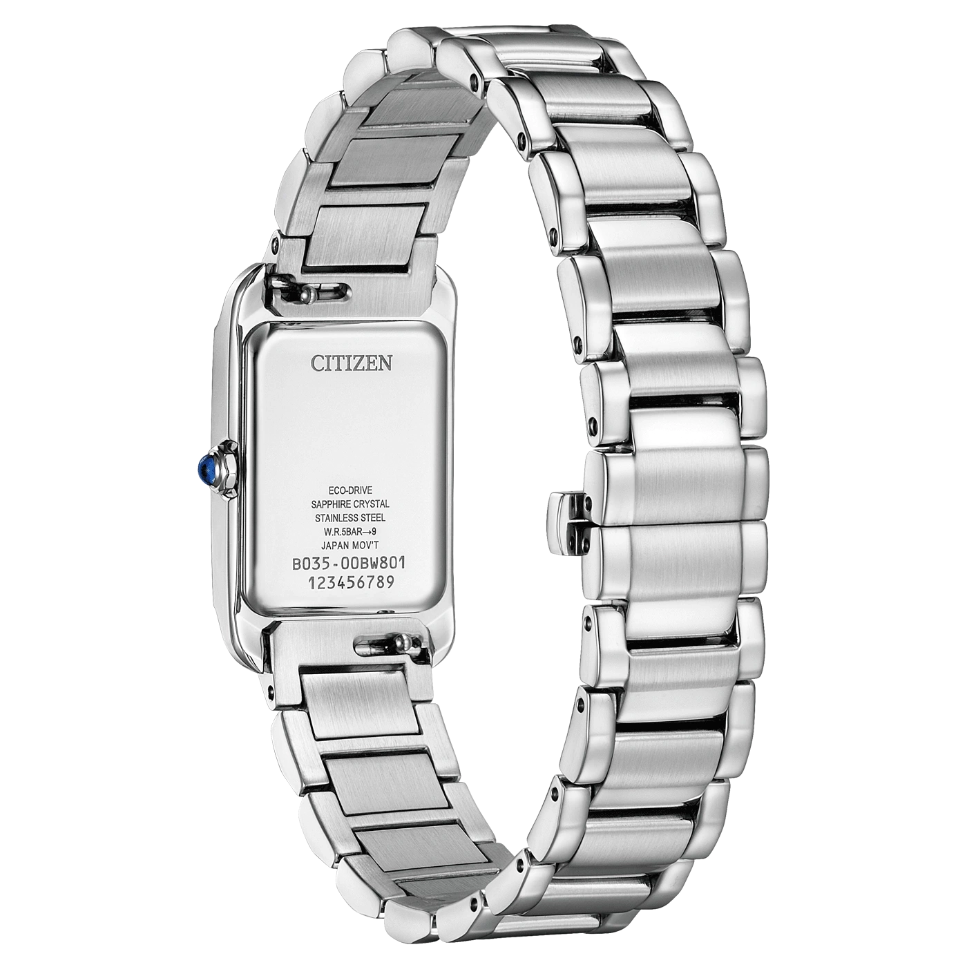 Eine silberne Citizen Eco-Drive-Uhr mit Metallarmband auf weißem Hintergrund.