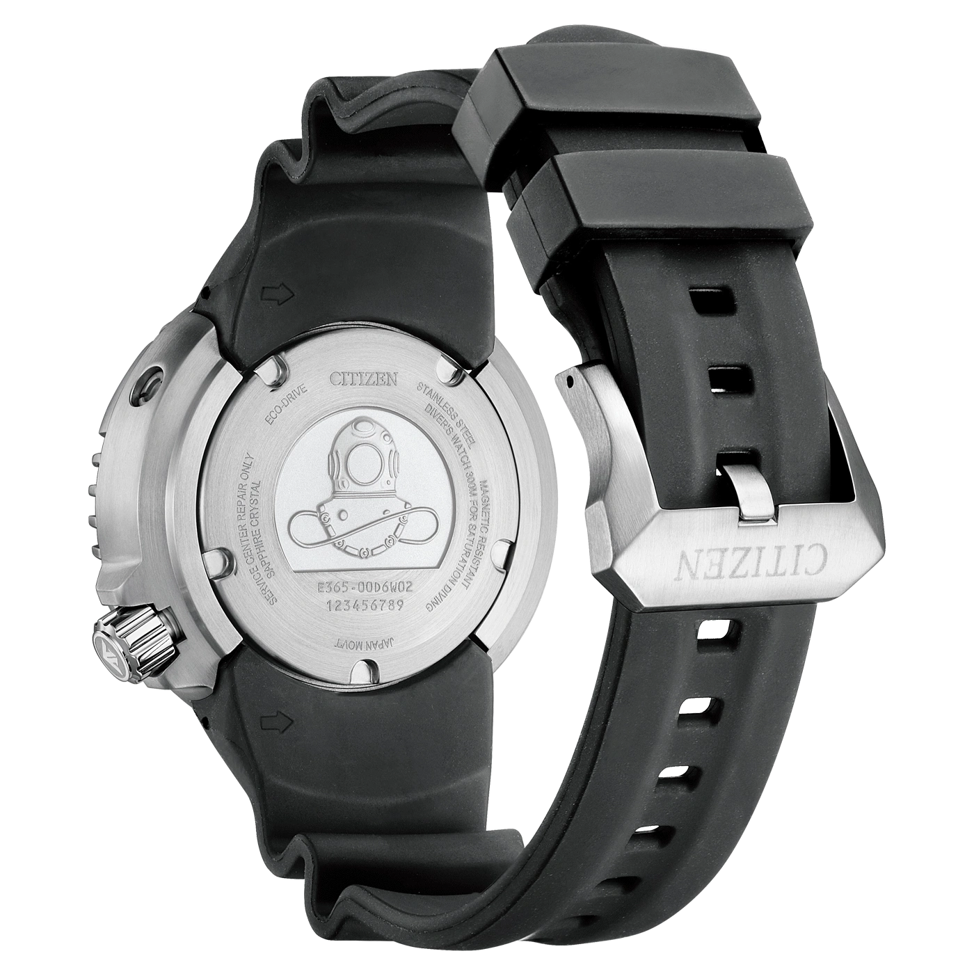 Uhrenboden einer Citizen-Uhr mit schwarzem Armband.