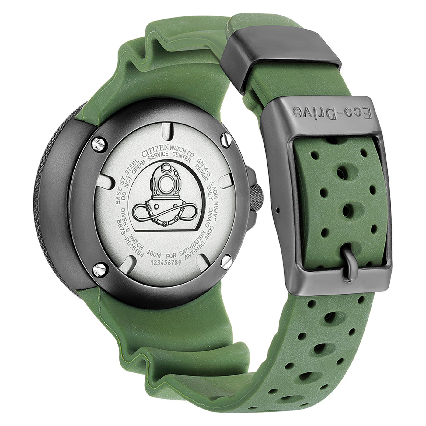 Dos de montre Citizen avec bracelet vert, Eco-Drive, détails de plongée et chiffres.