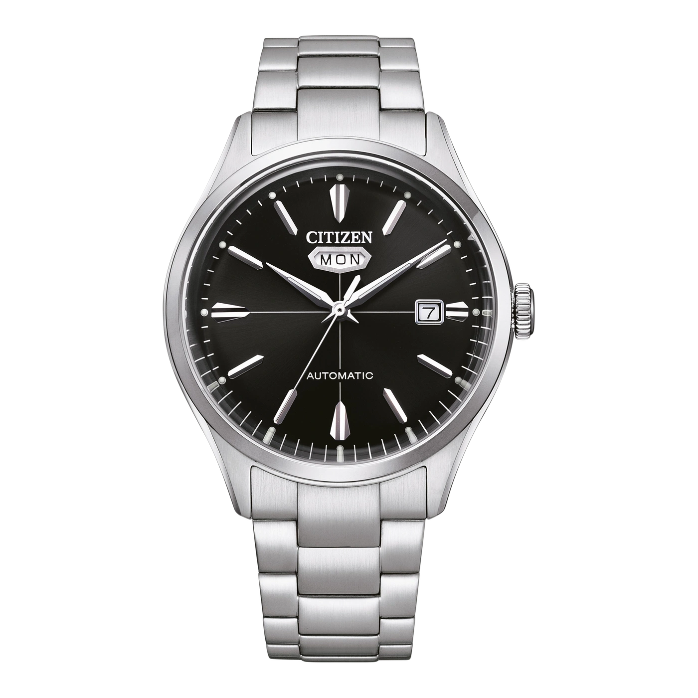 Eine silberne Citizen Automatik-Uhr mit schwarzem Zifferblatt und Datum.