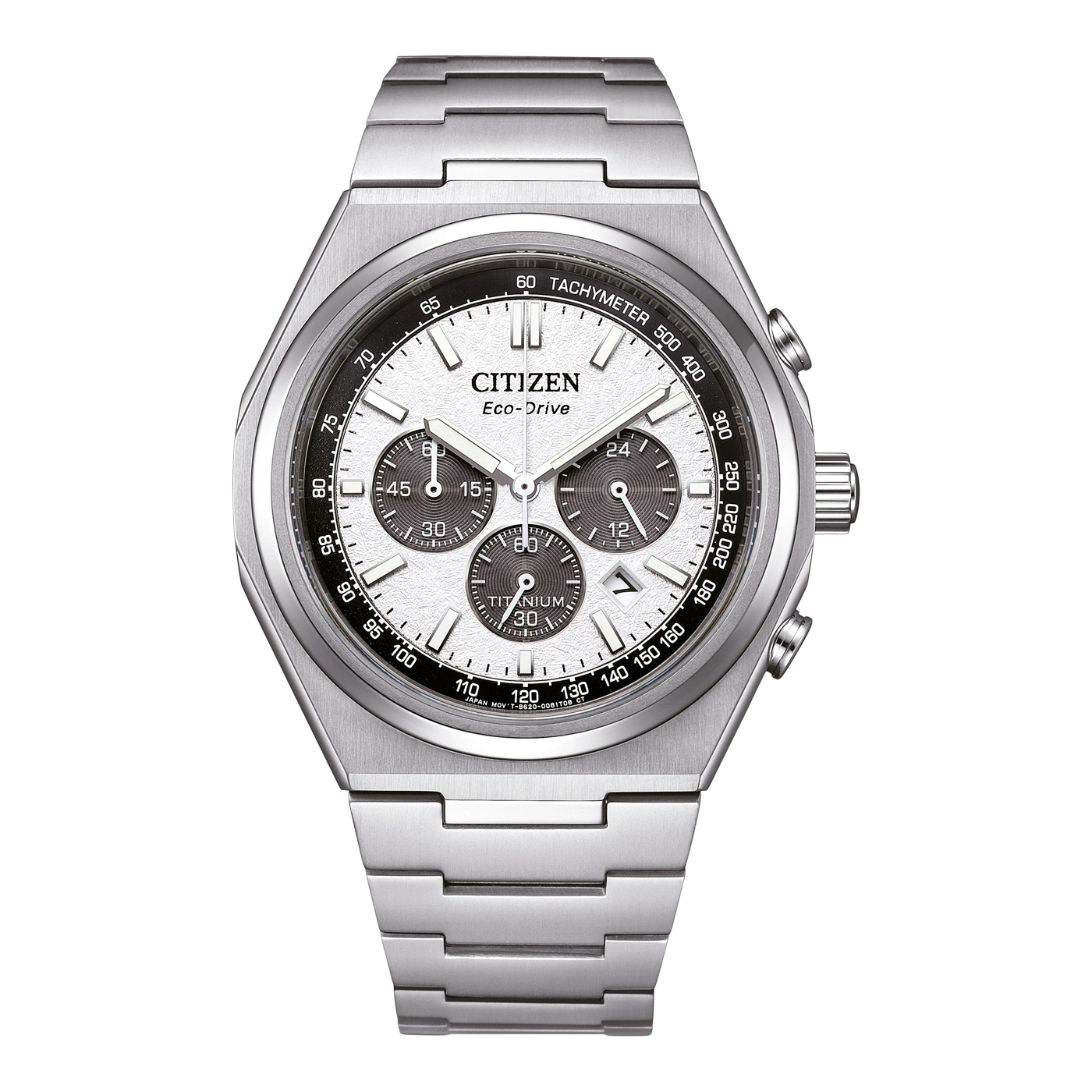 Eine silberne Citizen Chronographenuhr mit weißem Zifferblatt und grauen Zählern.
