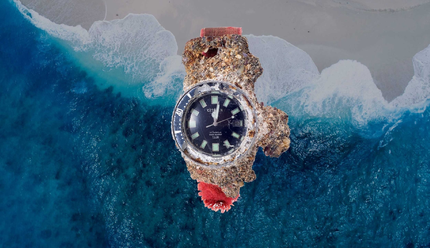 Eine mit Seepocken bedeckte Uhr im Ozean, mit einem Strand im Hintergrund.