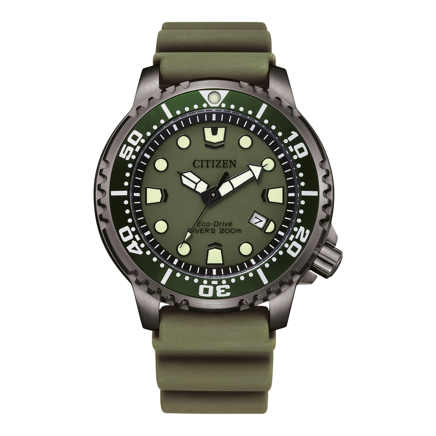 Grüne Citizen Eco-Drive Taucheruhr mit Kautschukarmband.