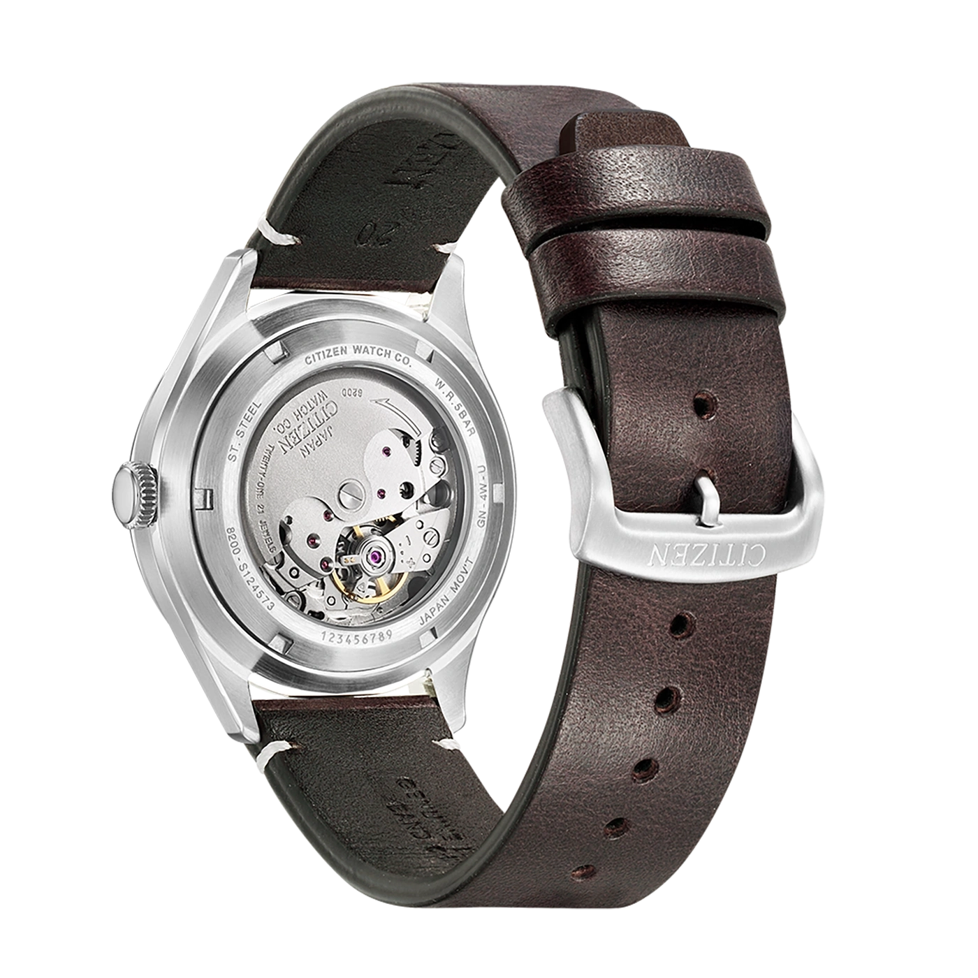 Eine Citizen-Uhr mit braunem Lederarmband und offenem Gehäuseboden, der das Uhrwerk zeigt.