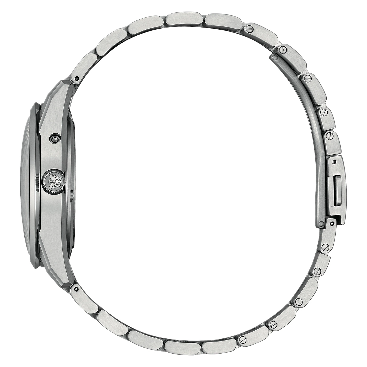 Seitenansicht einer silbernen Metallarmbanduhr.