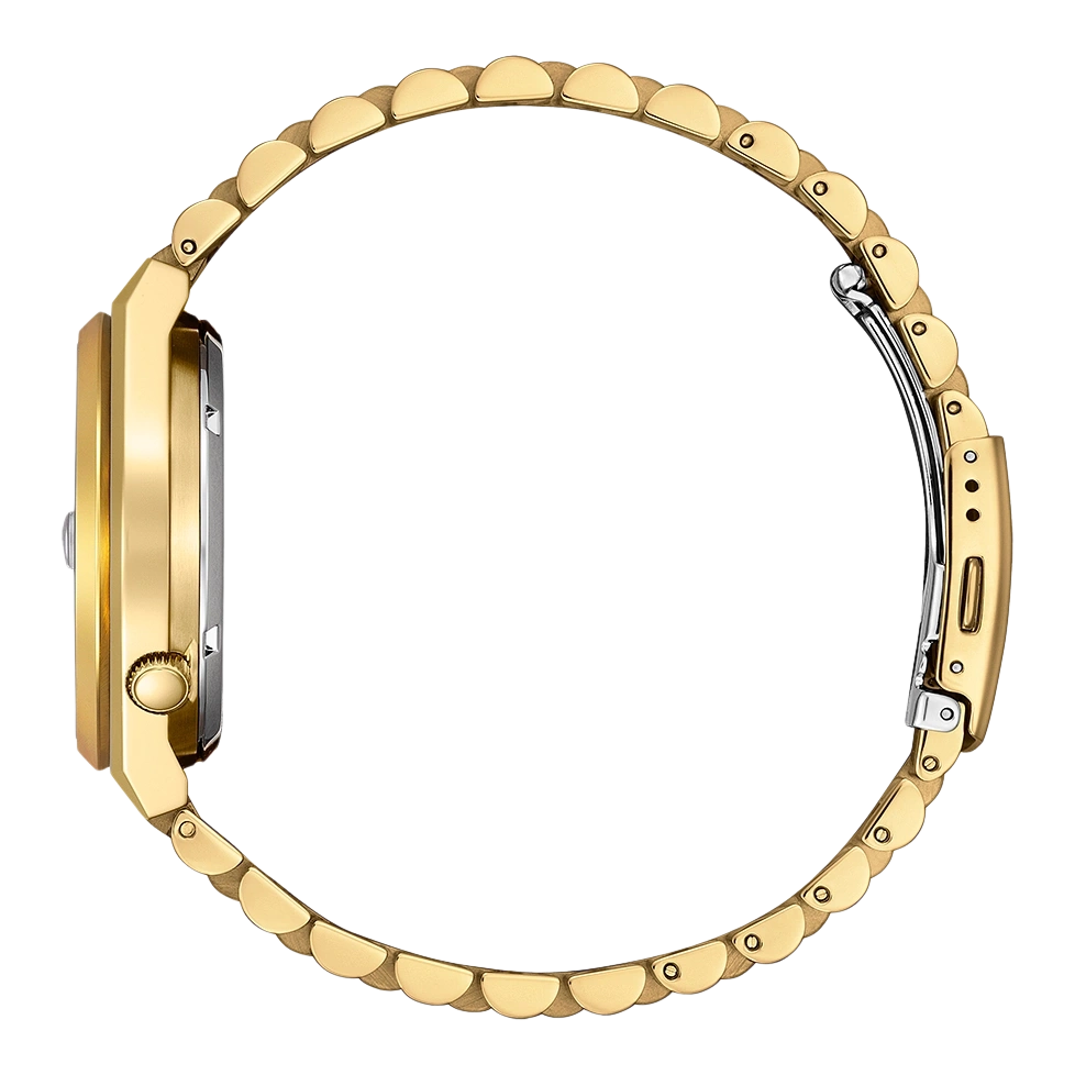 Nahaufnahme der Seite einer goldenen Uhr mit passendem Armband.