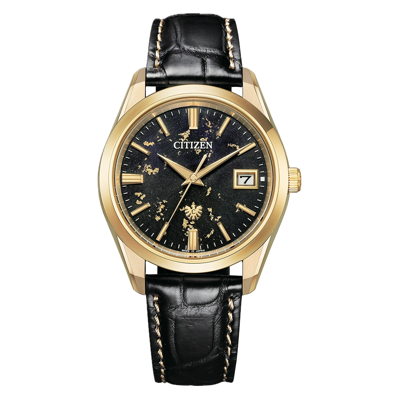 Goldene Citizen-Uhr mit schwarzem Lederarmband und strukturiertem Zifferblatt.
