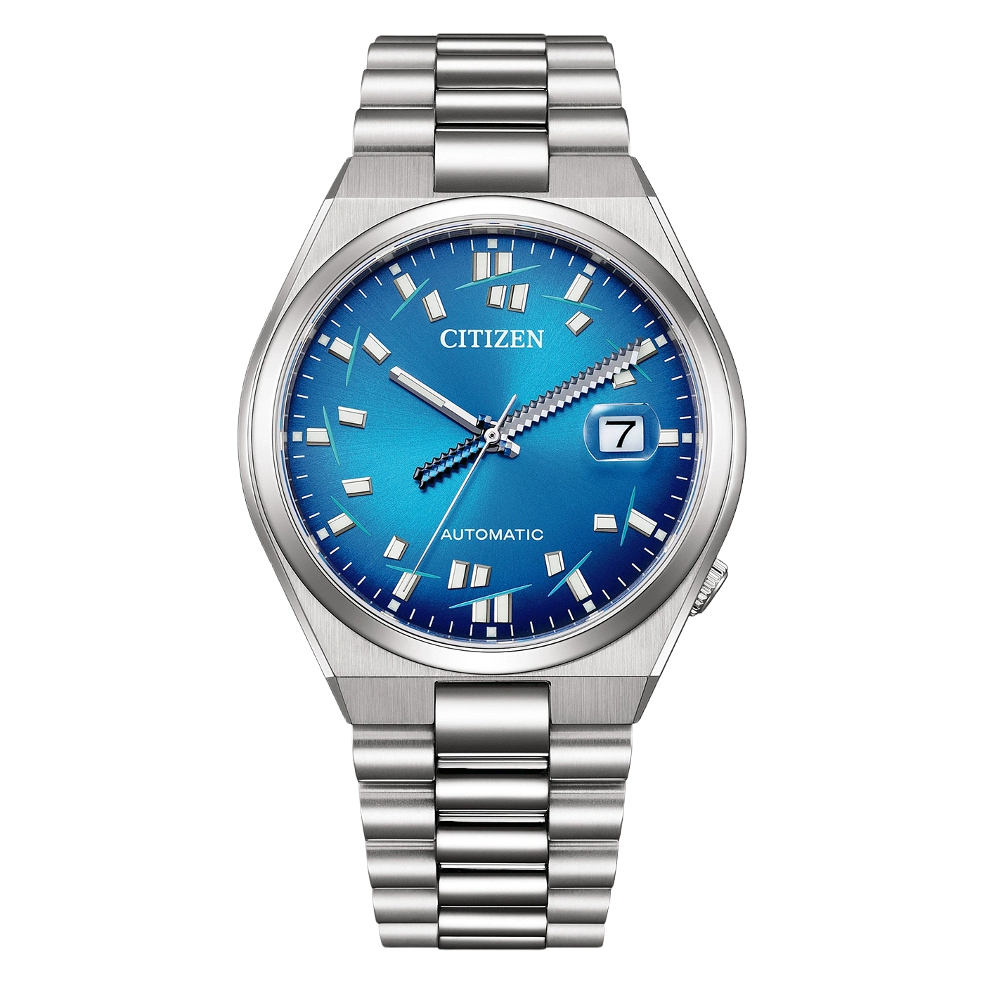 Eine blaue Citizen Automatik-Uhr mit einem Edelstahlarmband.