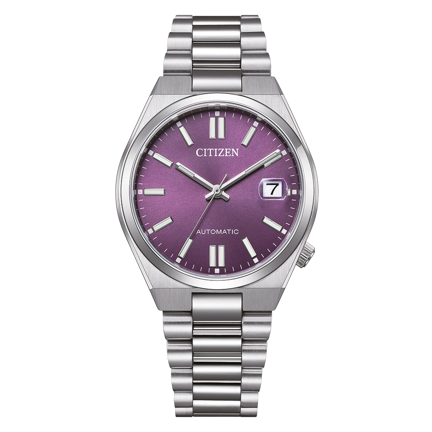 Citizen Automatik-Uhr mit lila Zifferblatt und Silberarmband.