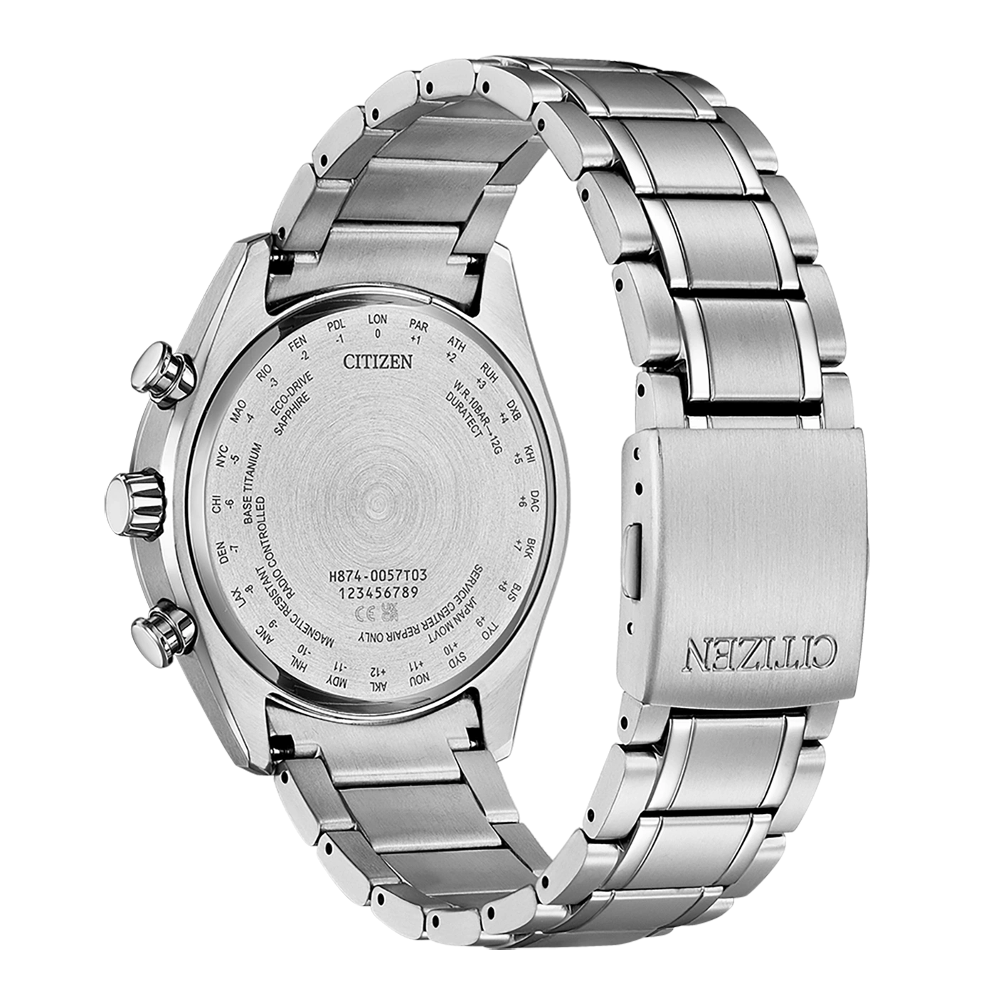Dos de montre Citizen avec gravures de villes et d'indications.