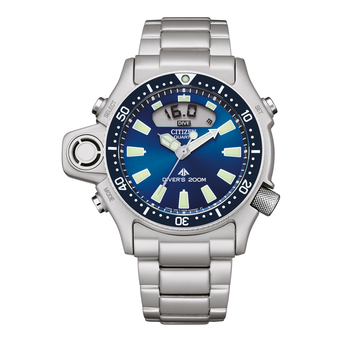 Citizen-Uhr mit blauem Zifferblatt, Digitalanzeige und Edelstahlarmband.