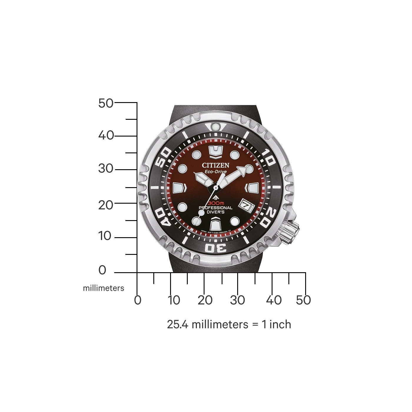 Citizen Eco-Drive professionelle Taucheruhr mit Millimeterskala angezeigt.