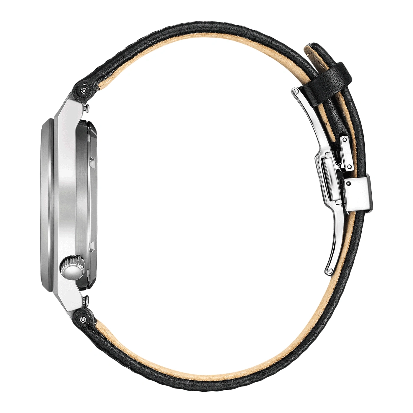 Uhr mit schwarzem Lederarmband und silberner Faltschließe