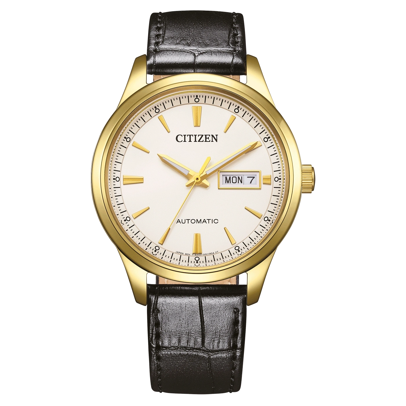Goldene Citizen Uhr mit schwarzem Lederarmband und weißem Zifferblatt.
