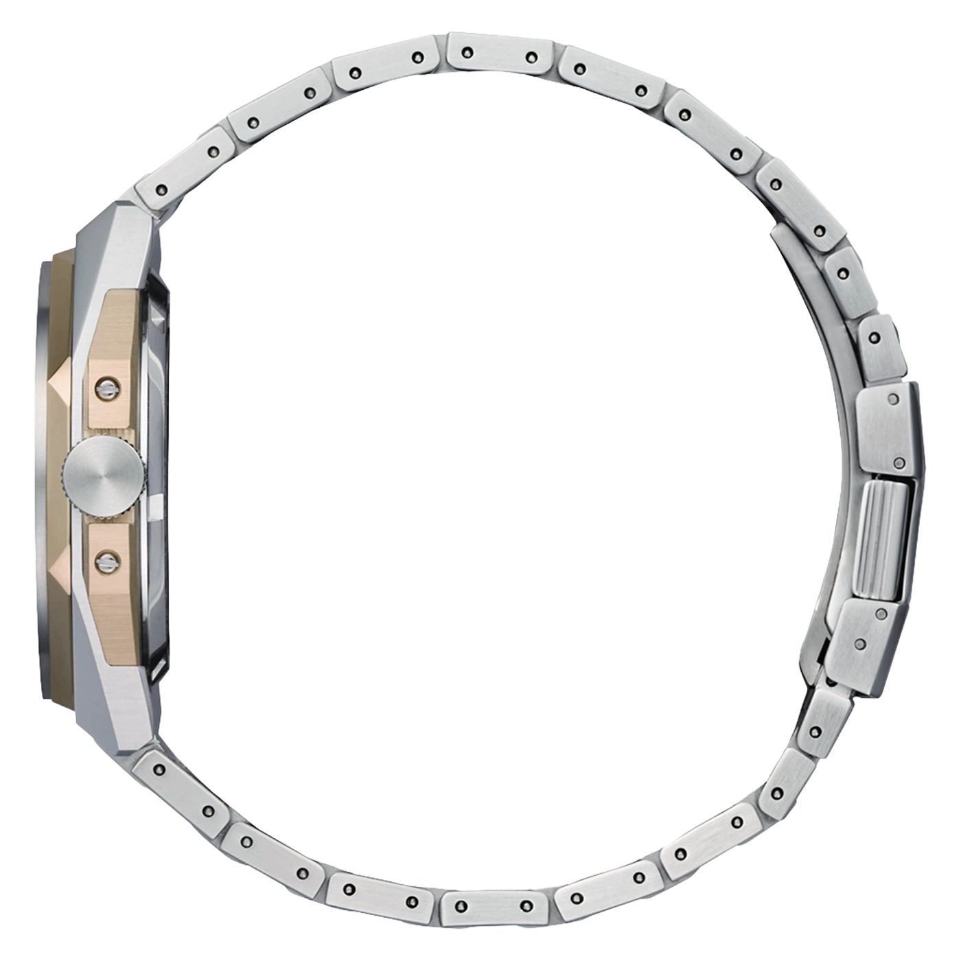 Nahaufnahme des Profils einer silbernen Armbanduhr mit goldenen Akzenten.