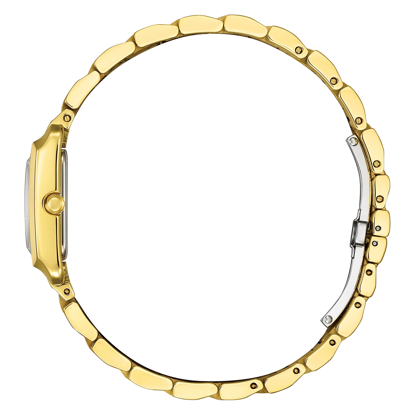Montre bracelet doré vue de côté sur fond blanc.