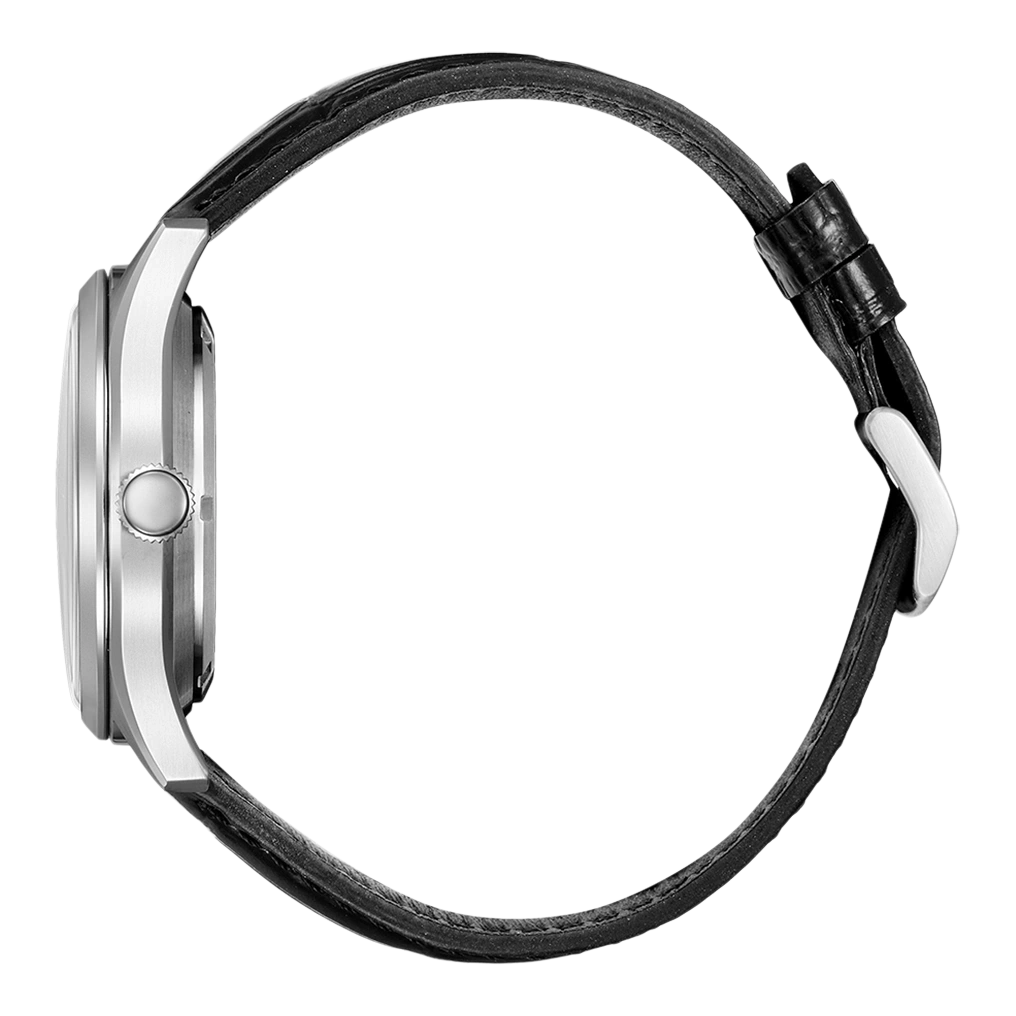 Nahaufnahme einer Uhr mit schwarzem Lederarmband.