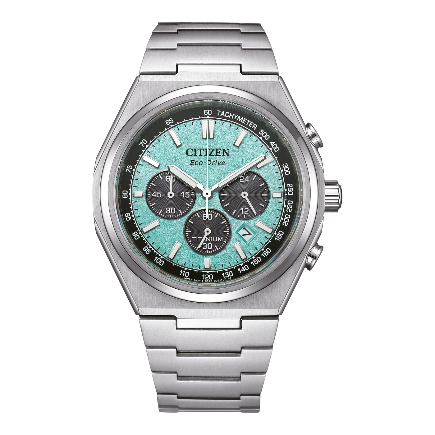 Citizen Eco-Drive Titangehäuse mit mintgrünem Zifferblatt und Metallarmband.
