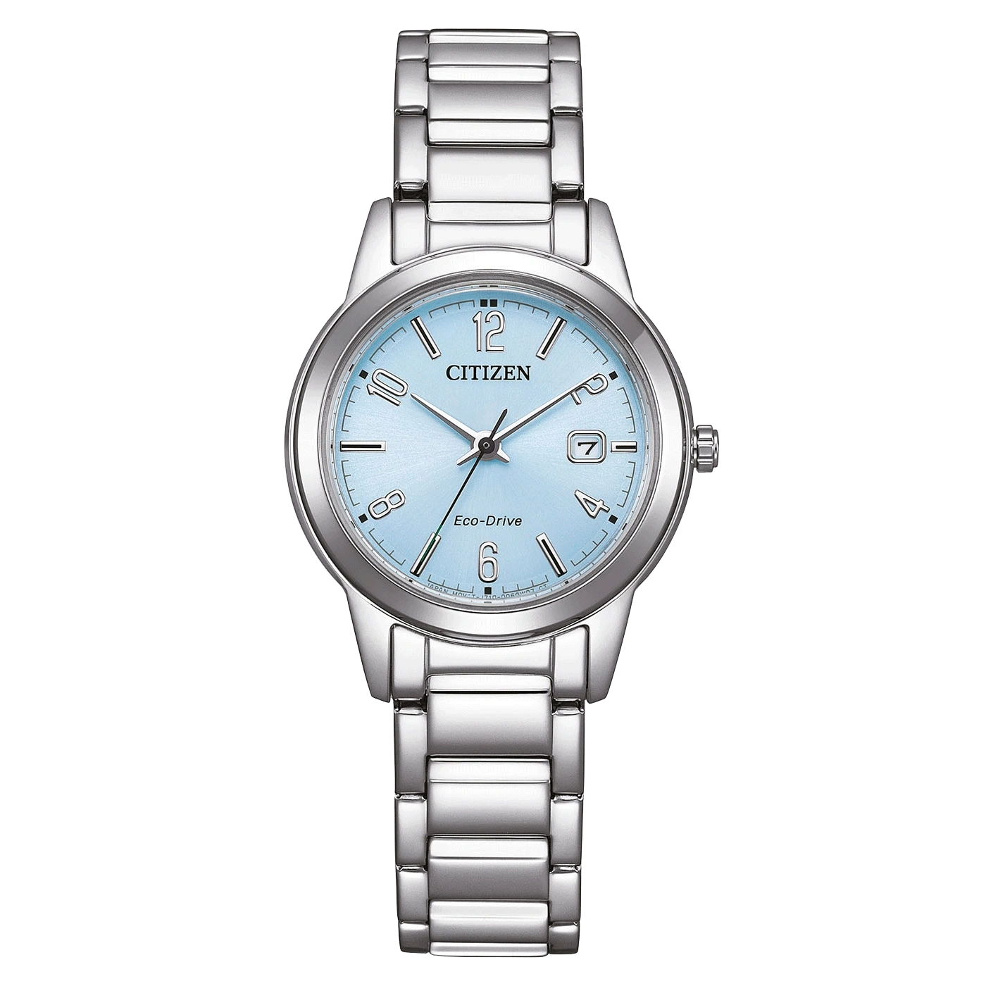 Eine Citizen Eco-Drive Uhr in Silber mit hellblauem Zifferblatt