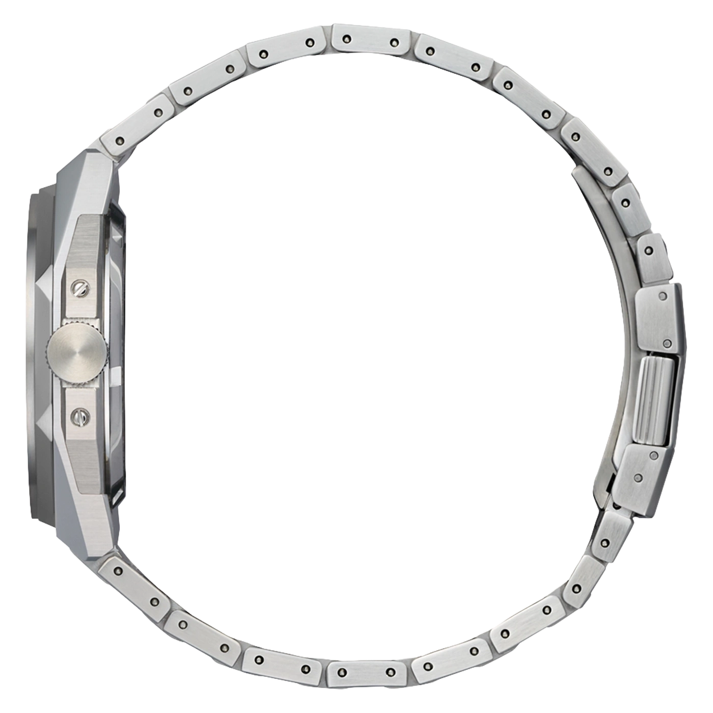 Silbernes Metallarmband einer Uhr im Seitenprofil auf weißem Hintergrund.