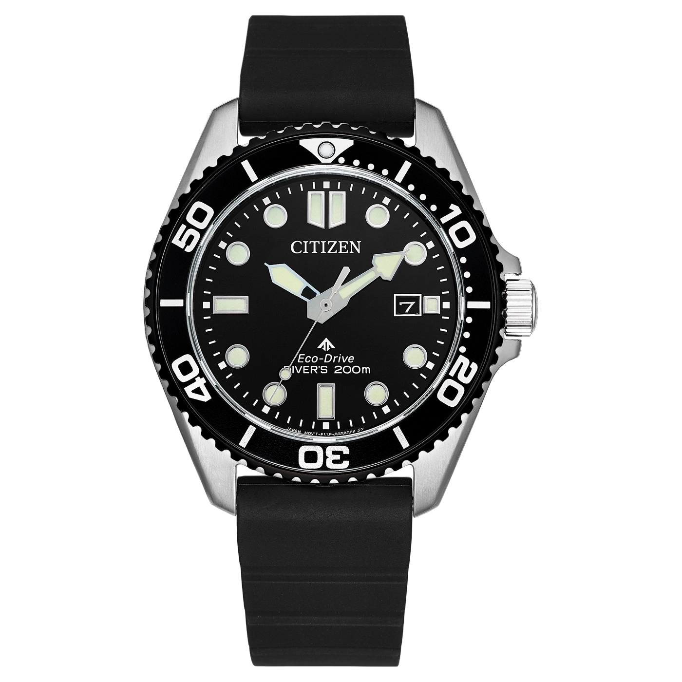 Montre Citizen Eco-Drive plongée avec bracelet en caoutchouc noir.