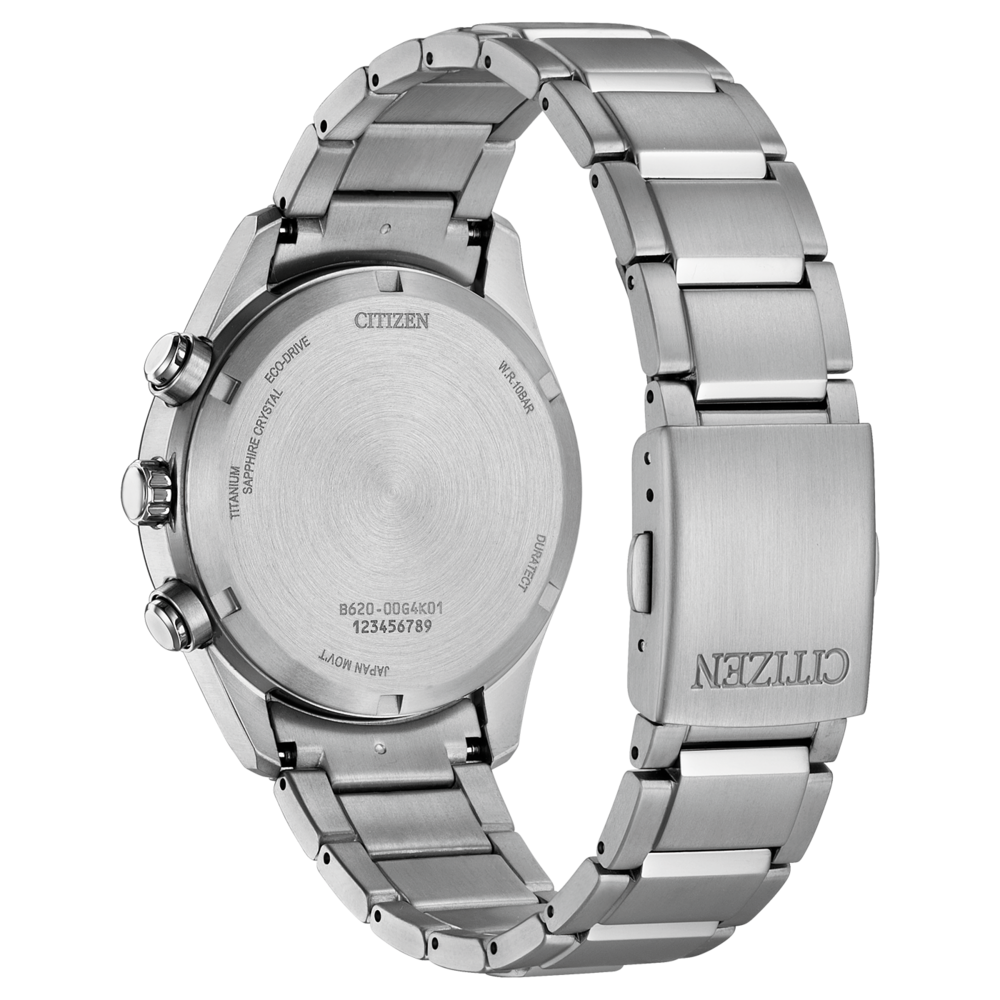 Dos d'une montre Citizen Eco-Drive argentée avec texte.