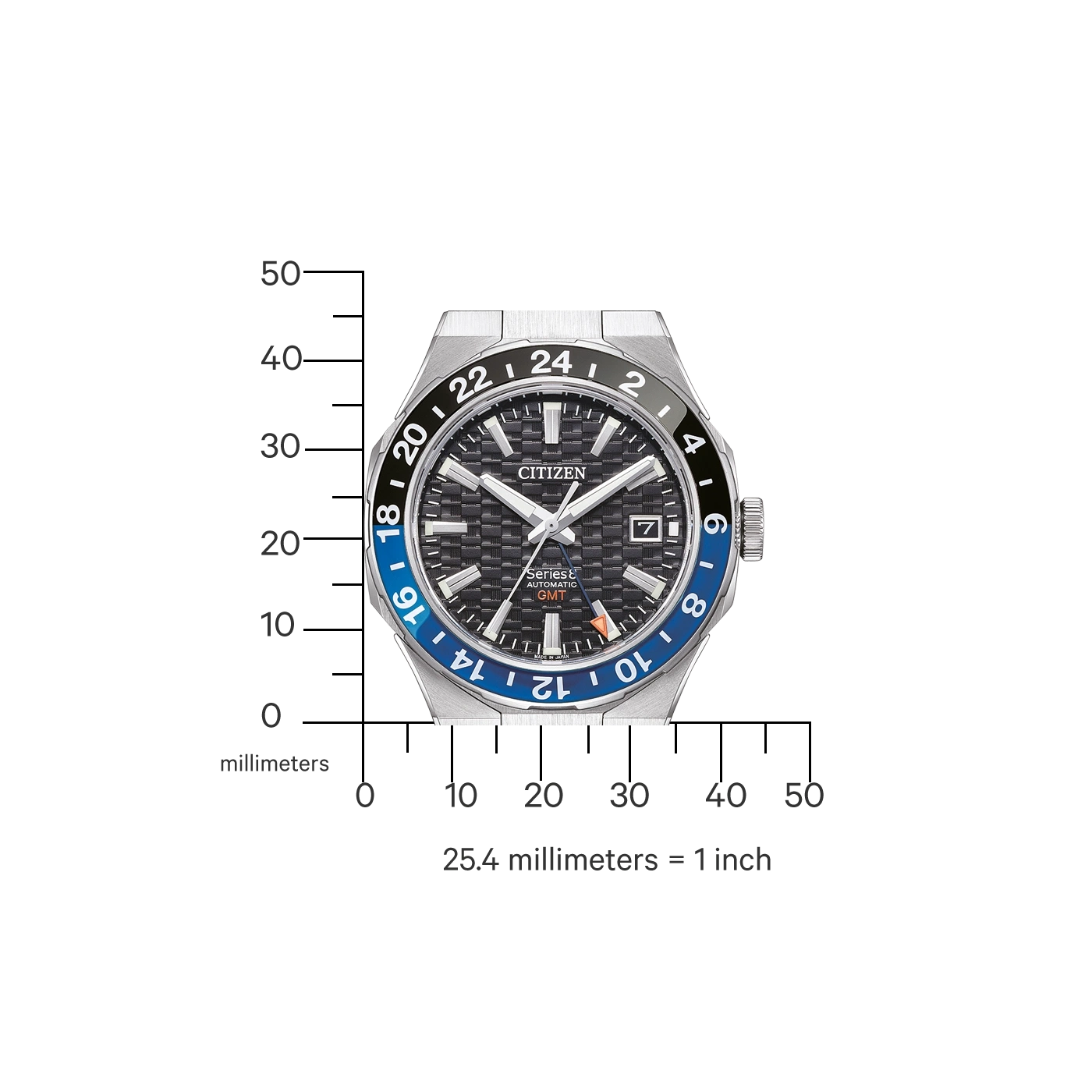 Eine Citizen-Uhr mit blauer und schwarzer GMT-Lünette, gemessen in Millimetern.