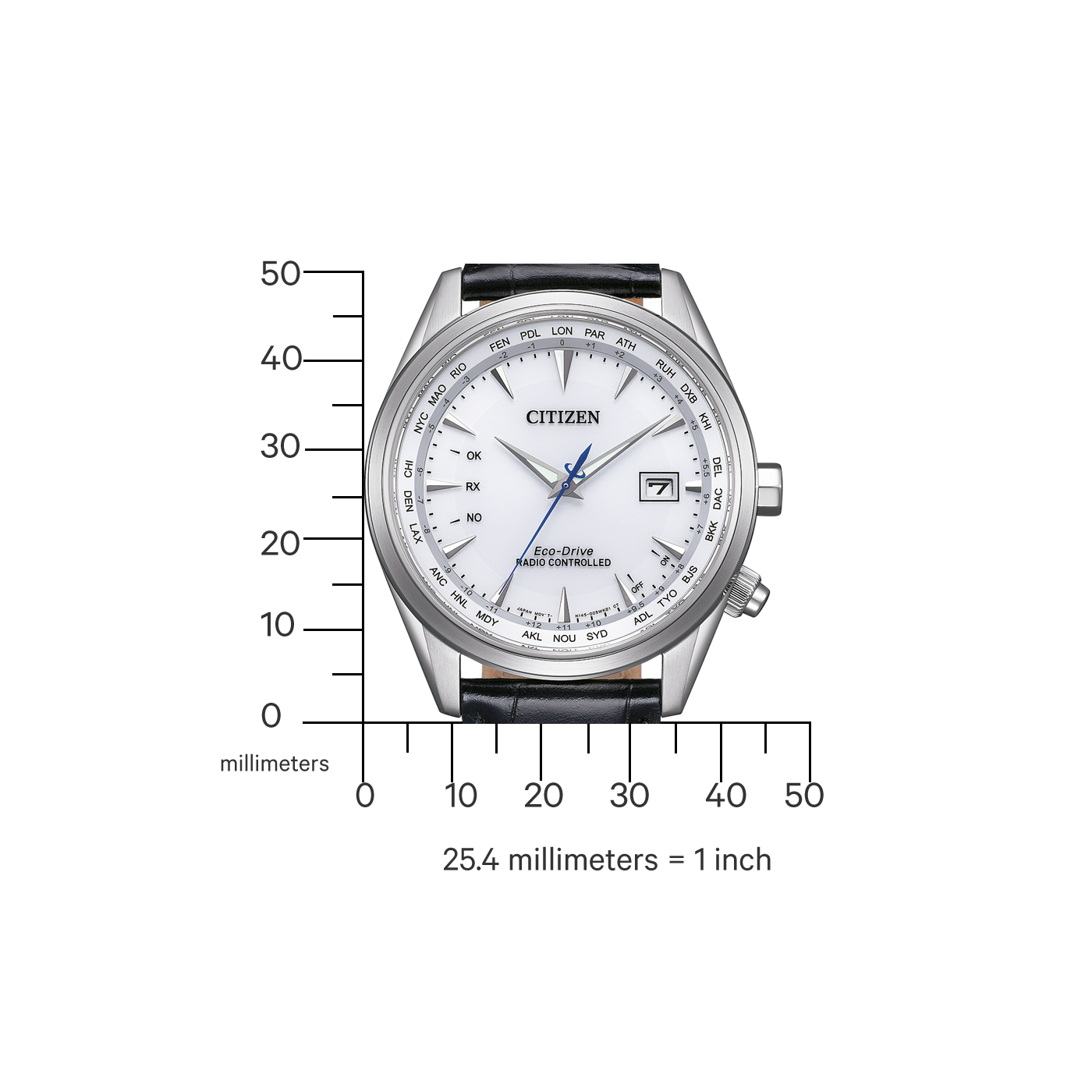 Montre Citizen avec fonction heure mondiale, cadran blanc, bracelet en cuir noir et boîtier argenté.