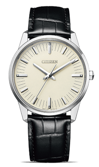 Citizen-Uhr mit cremefarbenem Zifferblatt und schwarzem Lederarmband