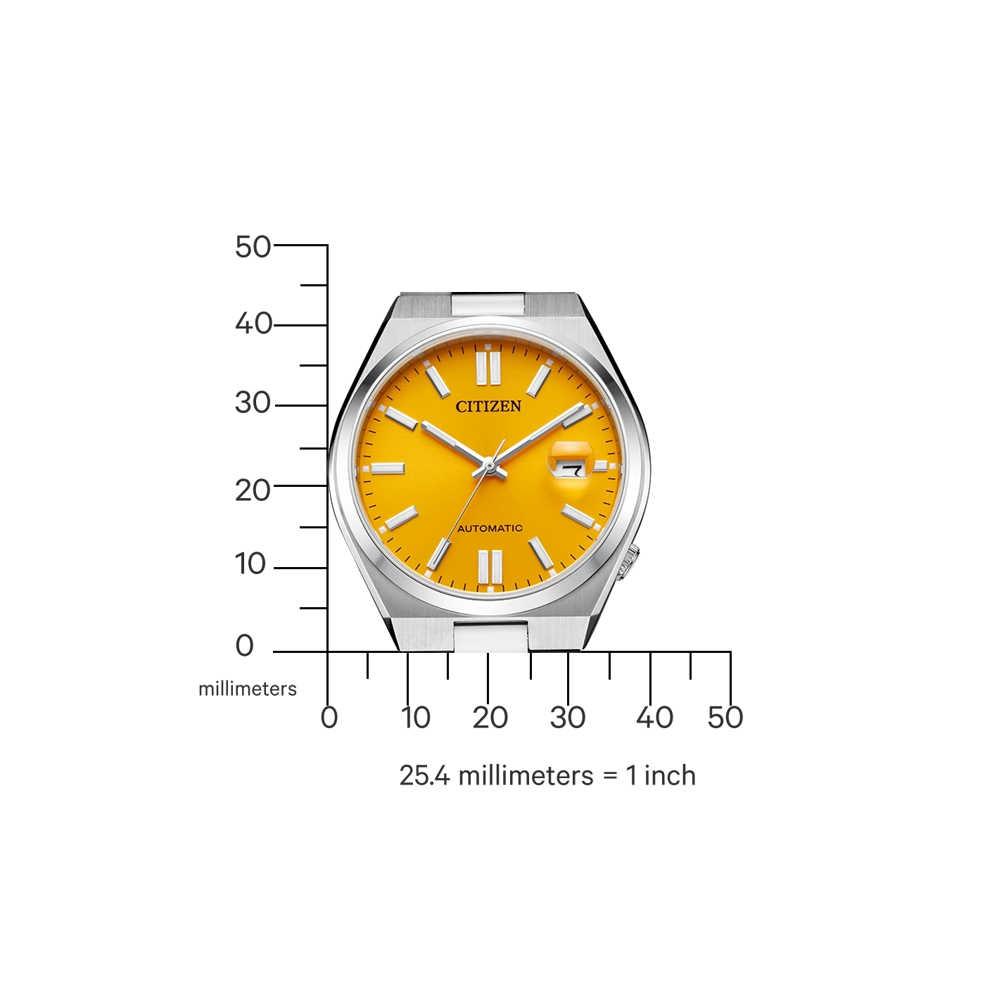Eine gelbe Citizen Automatik-Uhr mit Lineal