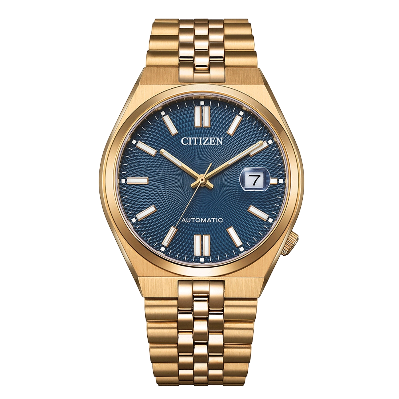 Goldene Citizen Automatik-Uhr mit blauem Zifferblatt und passendem Armband.