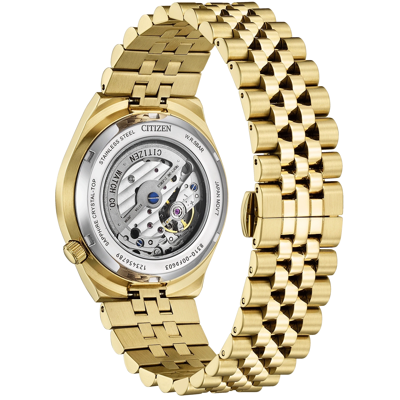 Une montre Citizen dorée avec un bracelet en or et un mouvement apparent.