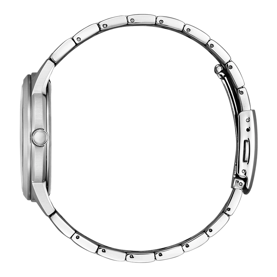 Seitenansicht einer silbernen Armbanduhr mit offenem Verschluss.