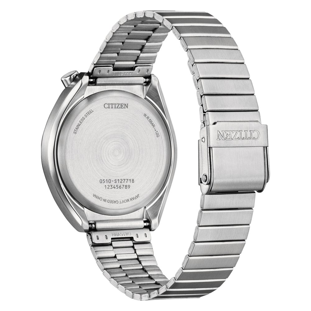 Dos d'une montre Citizen en acier inoxydable avec numéro de modèle et de série.