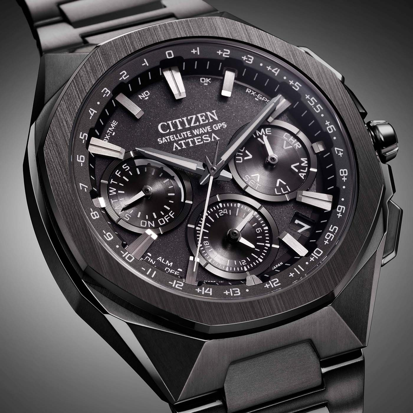 Citizen Attesa Uhr, schwarz, Satellitenwellen-GPS, Zeit, Datum, Chronograph, Alarm, Japan