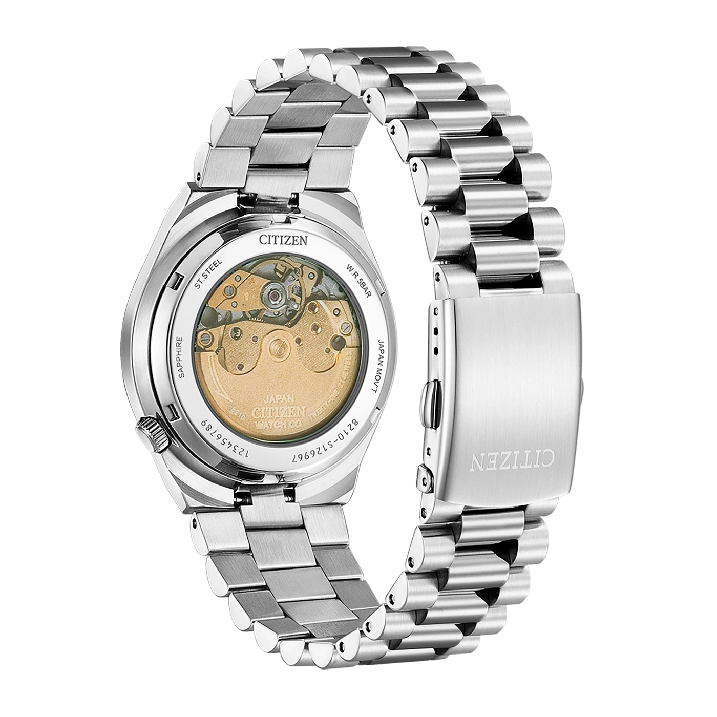 Le dos d'une montre Citizen en acier inoxydable avec mouvement apparent.