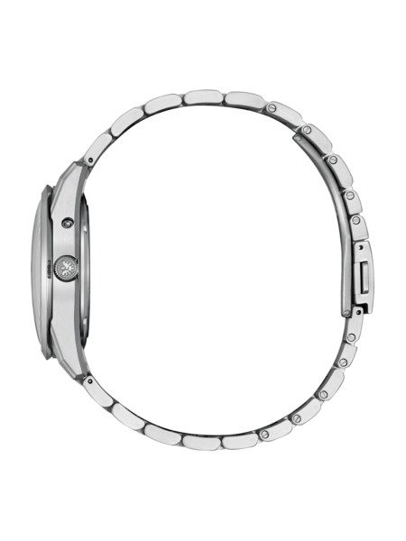 Seitenansicht einer silbernen Armbanduhr mit Metallband auf grünem Hintergrund.