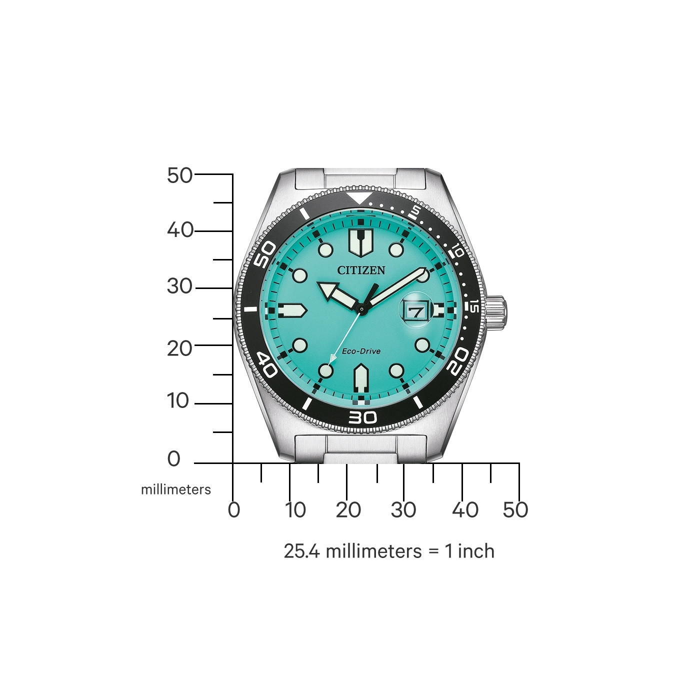 Türkise Citizen Eco-Drive Uhr mit Messskala und Banderole