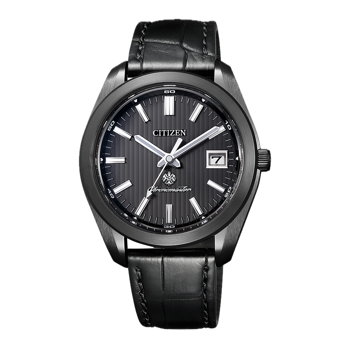 Eine schwarze Citizen Chronomaster Uhr mit Lederarmband.