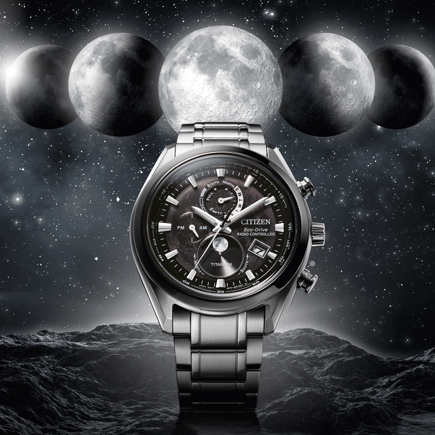 Montre Citizen dans l'espace avec des lunes et un paysage lunaire.