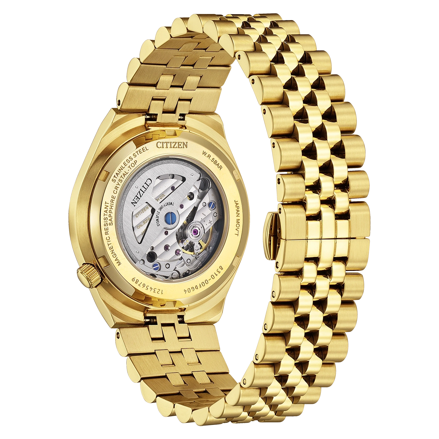 Goldene Citizen Uhr mit sichtbarem Uhrwerk und Metallarmband.