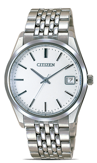 Citizen-Uhr mit weißem Zifferblatt, silbernem Armband und Datumsanzeige.